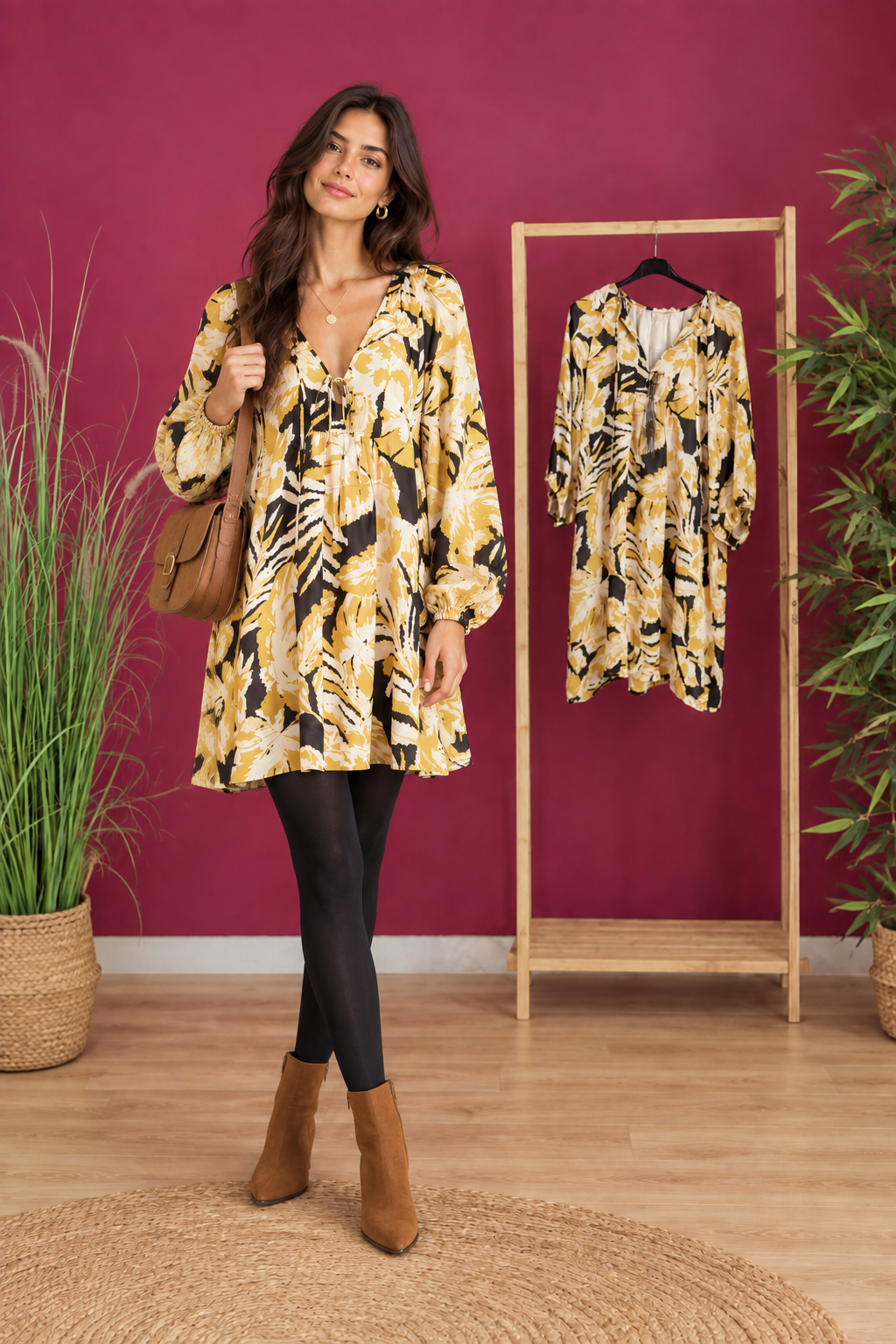 Robe Alizée hiver, bottines et sac camel