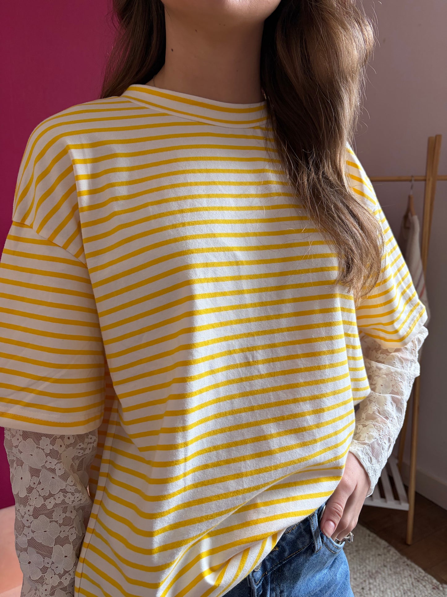 T-shirt manche longue marinière dentelle