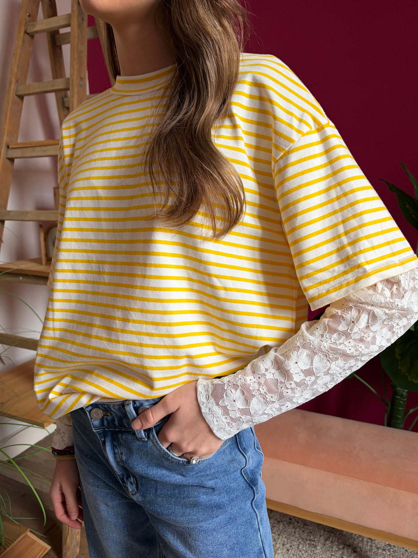T-shirt manche longue marinière dentelle