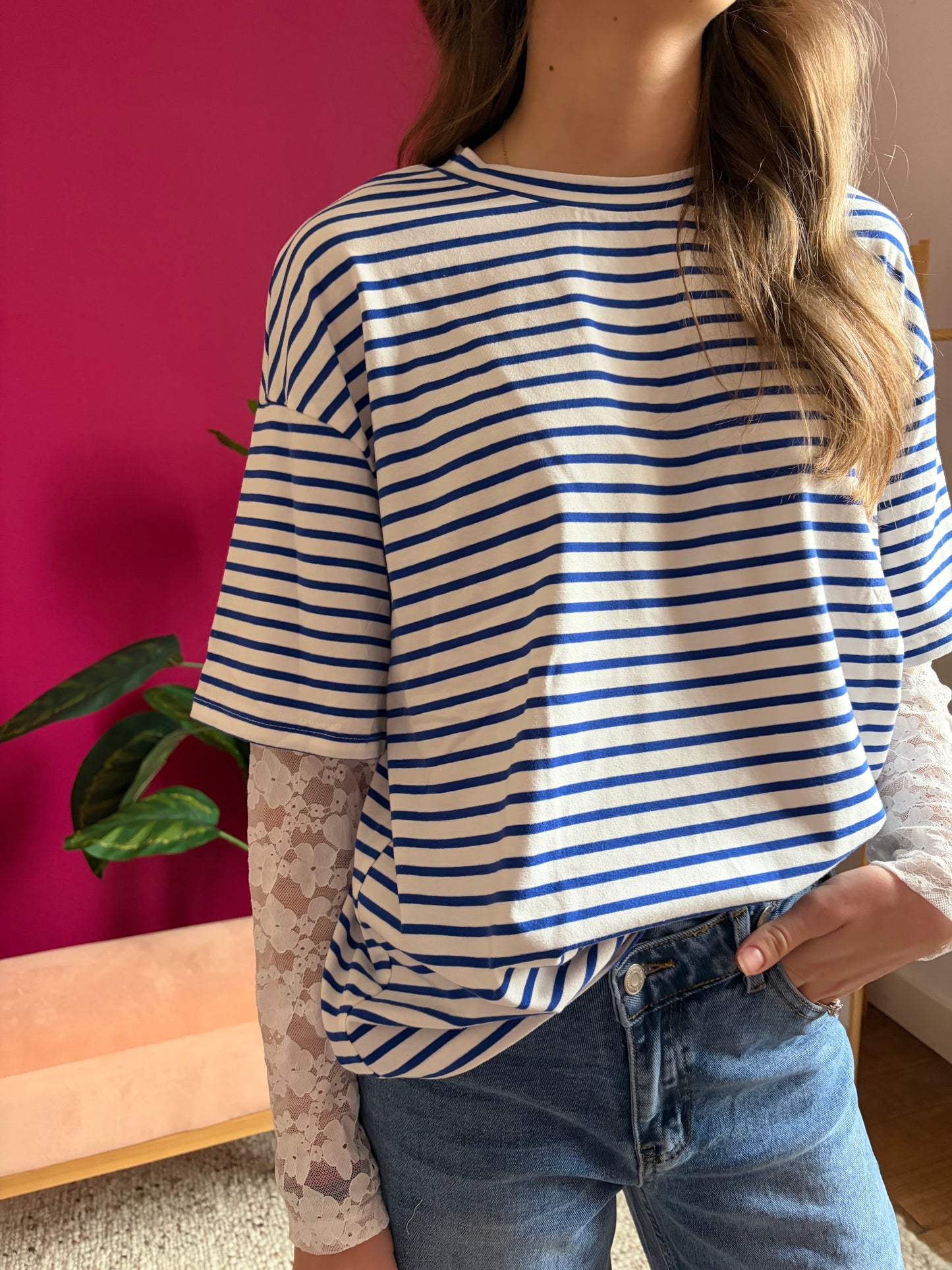 T-shirt manche longue marinière dentelle