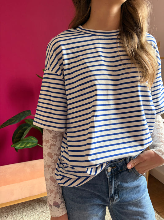 T-shirt manche longue marinière dentelle