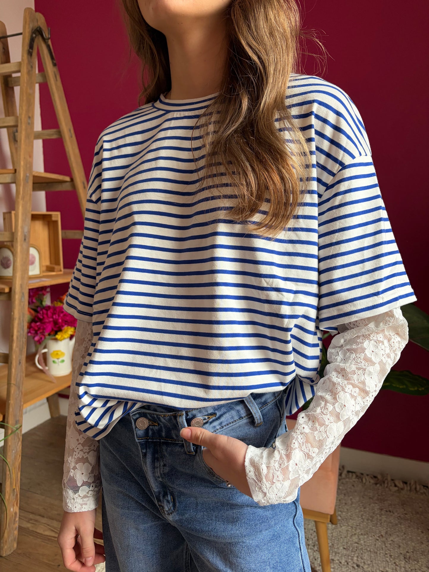 T-shirt manche longue marinière dentelle