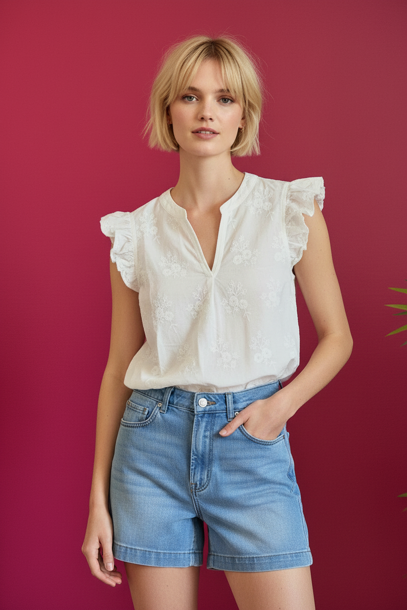 Blouse Lola portée par mannequin blonde