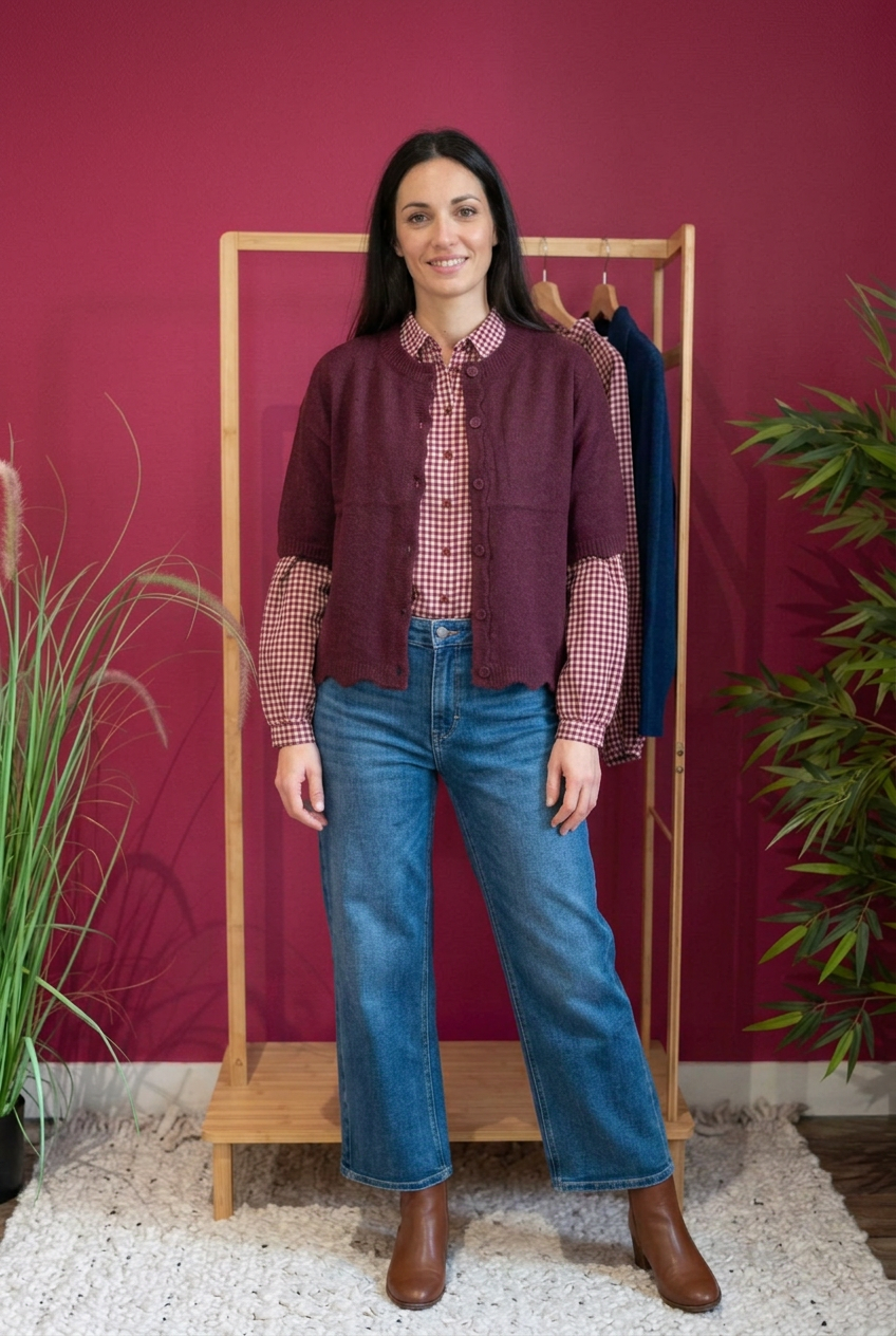 Photo portée générée par IA du gilet Louise avec la chemise rentrée dans le pantalon