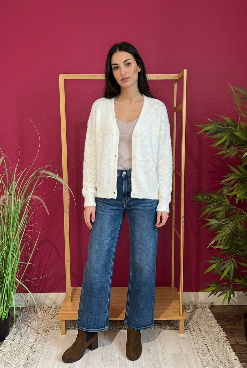 Photo portée générée par IA du gilet blanc Laeticia