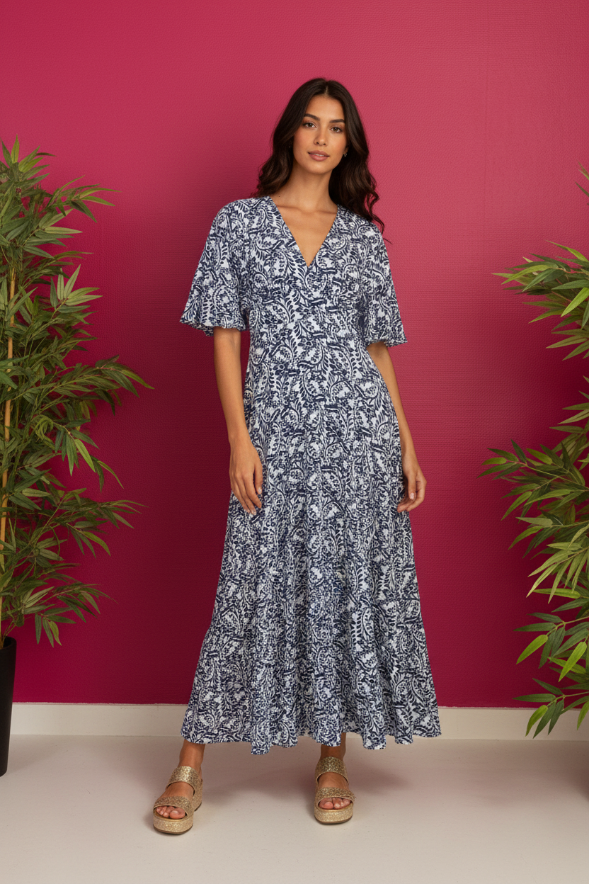 Robe Nessa portée pose décontractée fond framboise avec verdure