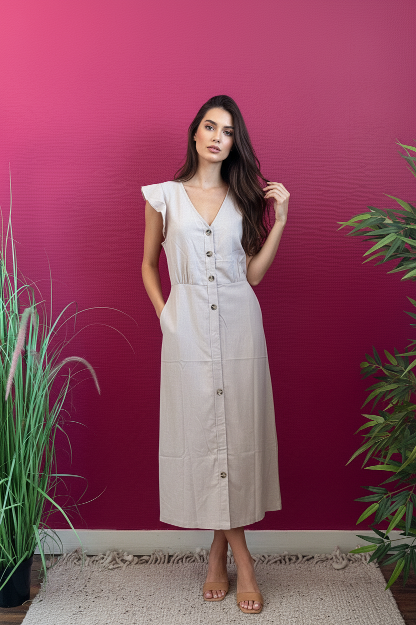 Robe Safari portée – mannequin fond framboise