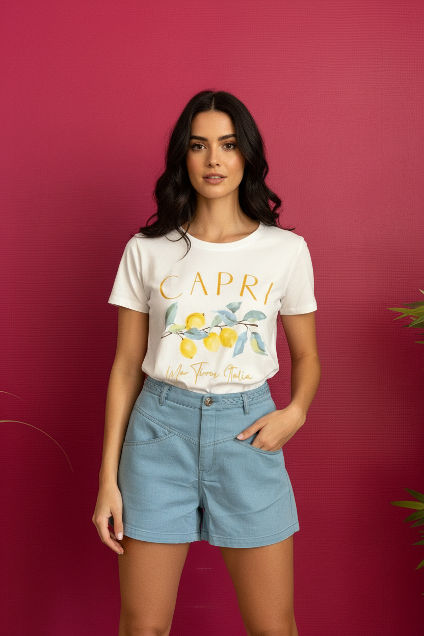 T-shirt Capri porté par mannequin, fond framboise