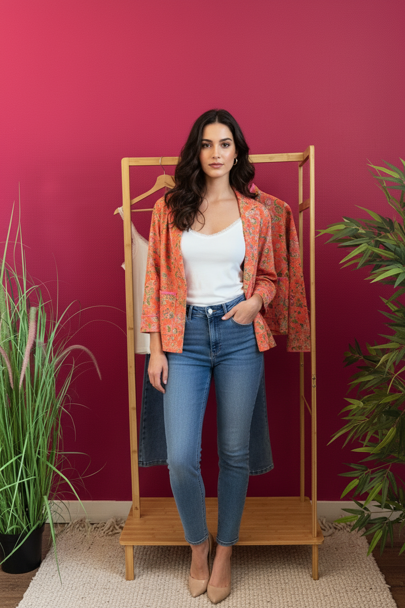 Top Céleste porté par un mannequin fond framboise