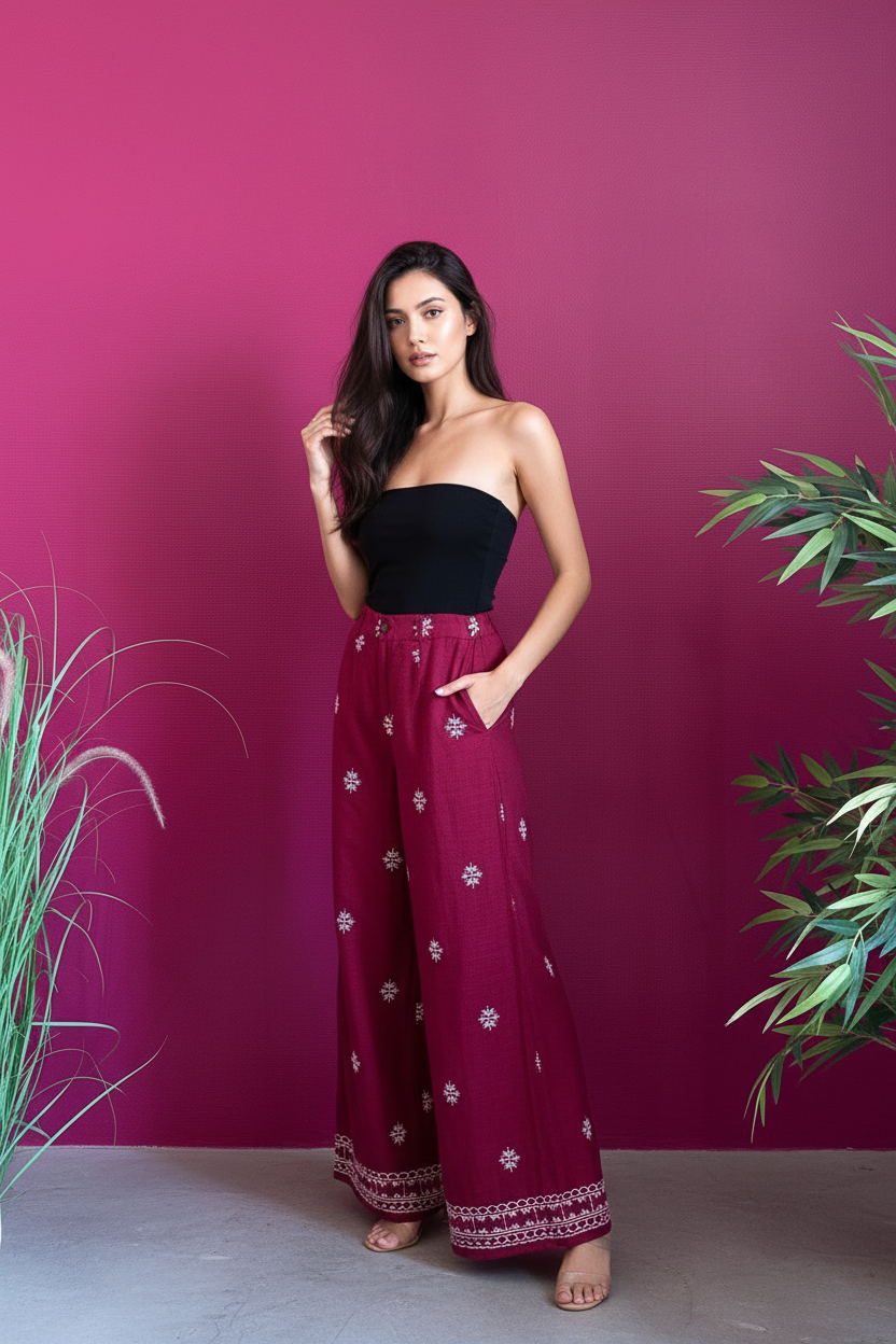 Pantalon Marta Bordeaux porté par mannequin naturel