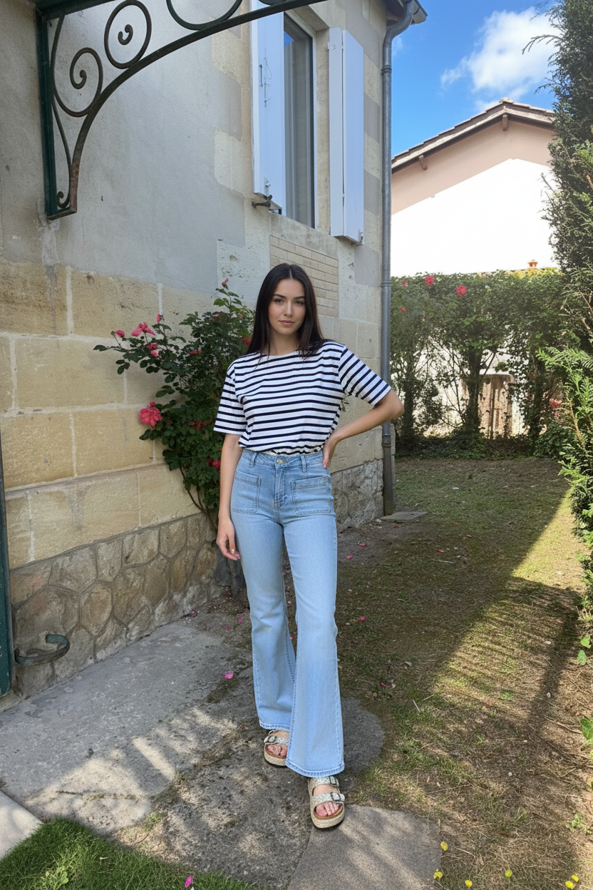 Jean évasé long Riviera porté avec marinère dans le jardin