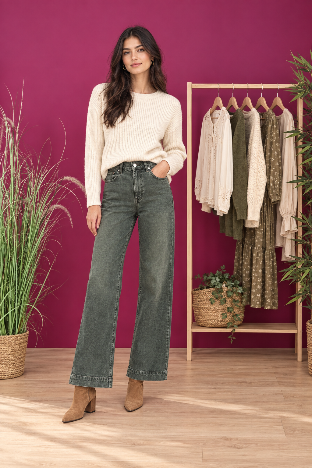 Pantalon large Camille kaki porté