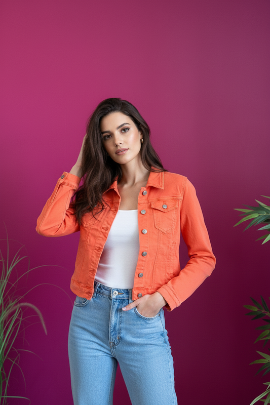 Veste en Jean Orange portée par mannequin