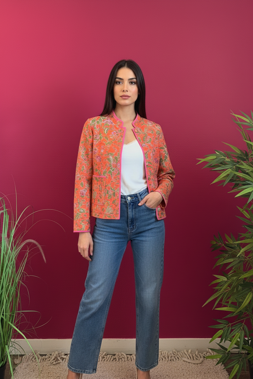 Veste Gibson portée par un mannequin fond framboise
