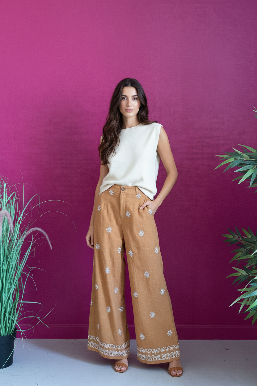 Pantalon Marta Caramel porté par mannequin naturel