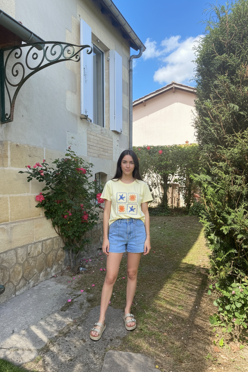 T-shirt Soleil Bleu porté dans le jardin avec short et sandales dorées paillettes